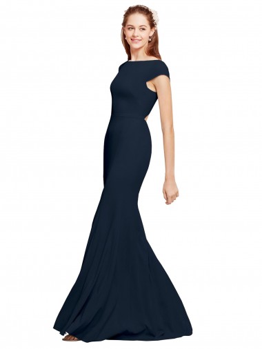 Affordable Sleeveless Dark Navy Open Back A-Line Boat Neck Formal Dress Canada