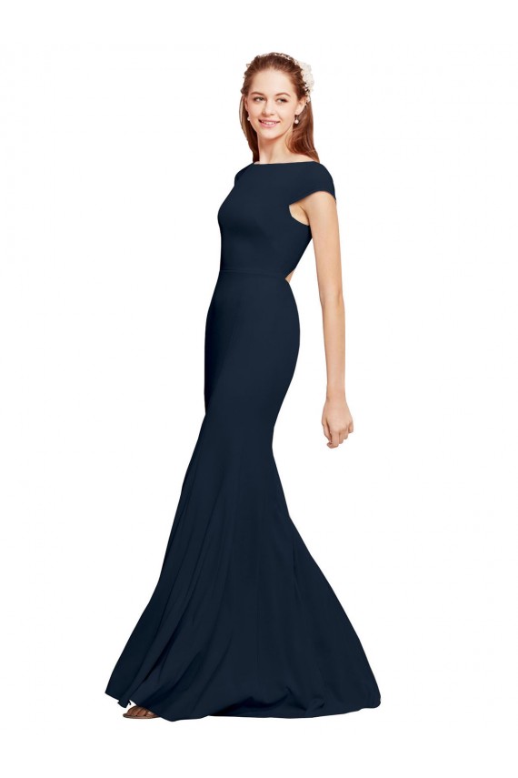 Sleeveless Dark Navy Open Back A-Line Boat Neck Formal Dress