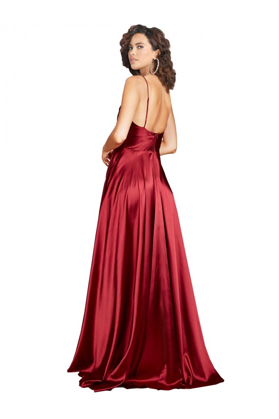 Sleeveless Burgundy Low Back A-Line Spaghetti Straps Black Tie Formal Dress