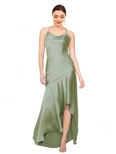 Affordable Sleeveless Smoke Green Criss Cross Open Back A-Line Cowl Neck High Low Formal Dress Canada