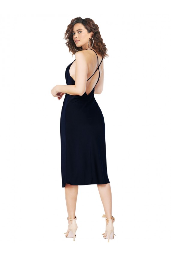 Sleeveless Dark Navy Criss Cross Open Back A-Line Spaghetti Straps Formal Dress