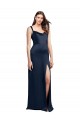 Sleeveless Dark Navy Low Back A-Line Cowl Neck Formal Dress