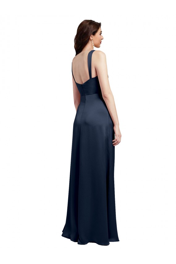 Sleeveless Dark Navy Low Back A-Line Cowl Neck Formal Dress