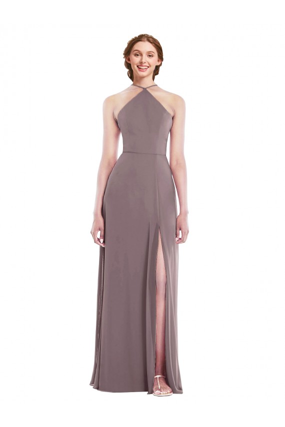Sleeveless Dusty Rose Low Back A-Line Halter Neck Formal Dress