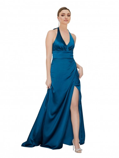 Affordable Sleeveless Peacock Blue Open Back A-Line Halter Neck Formal Dress Canada