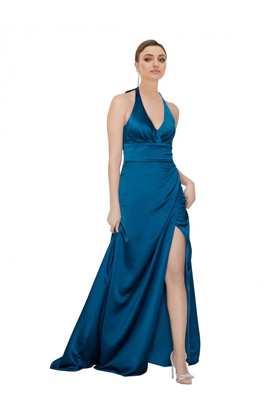 Sleeveless Peacock Blue Open Back A-Line Halter Neck Formal Dress