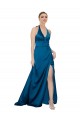 Sleeveless Peacock Blue Open Back A-Line Halter Neck Formal Dress