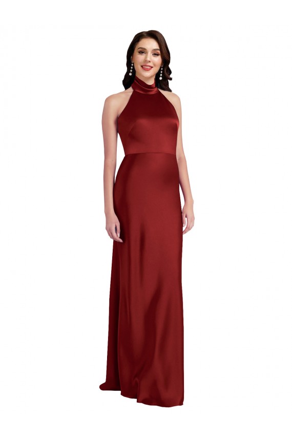 Sleeveless Burgundy Backless A-Line Halter Neck Black Tie Formal Dress