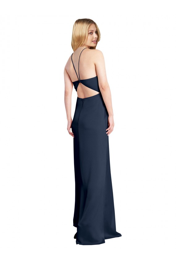 Sleeveless Dark Navy Criss Cross Open Back A-Line Halter Neck Formal Dress
