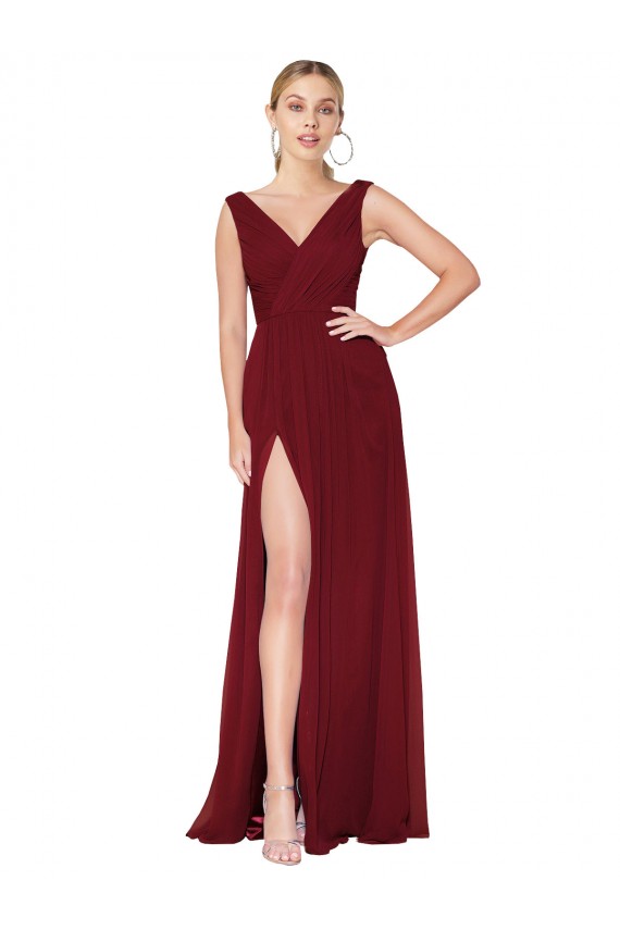 Sleeveless Burgundy V-Back A-Line V-Neck Black Tie Formal Dress