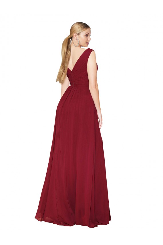 Sleeveless Burgundy V-Back A-Line V-Neck Black Tie Formal Dress
