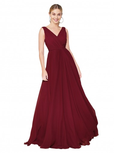 Affordable Sleeveless Burgundy V-Back A-Line V-Neck Formal Gowns Canada