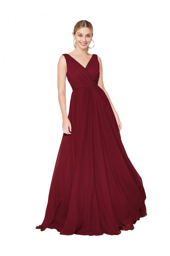 Sleeveless Burgundy V-Back A-Line V-Neck Formal Gowns