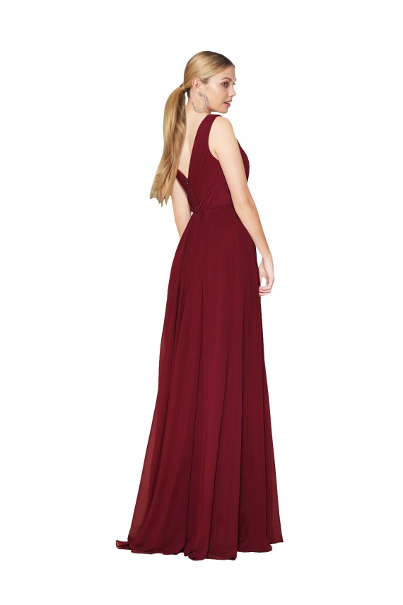 Sleeveless Burgundy V-Back A-Line V-Neck Formal Gowns