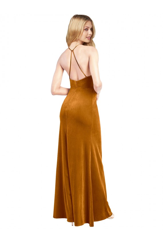 Sleeveless Gold Criss Cross Open Back A-Line Halter Neck Formal Dress