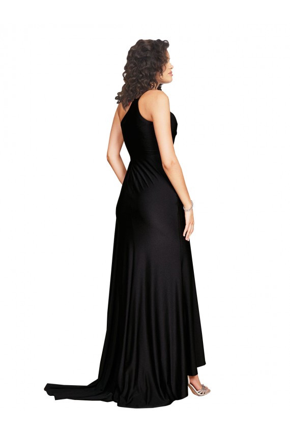 Sleeveless Black A-Line One Shoulder Black Tie Formal Dress