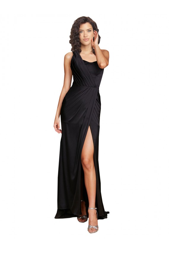 Sleeveless Black A-Line One Shoulder Formal Dresses