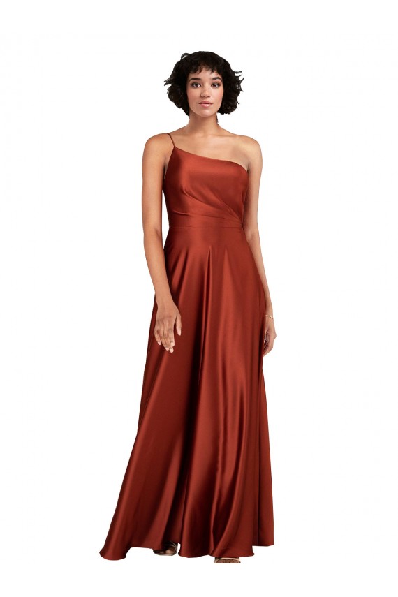 Sleeveless Burnt Orange A-Line One Shoulder Black Tie Formal Dress