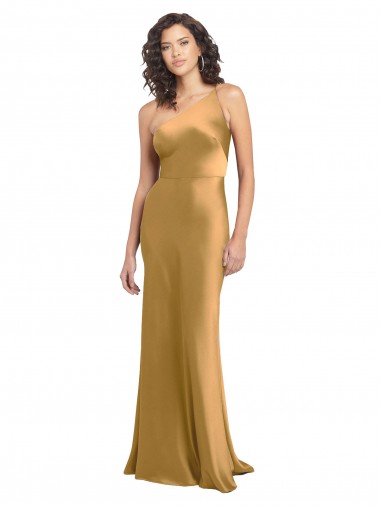 Affordable Sleeveless Gold A-Line Stretch Satin One Shoulder Formal Dress Canada