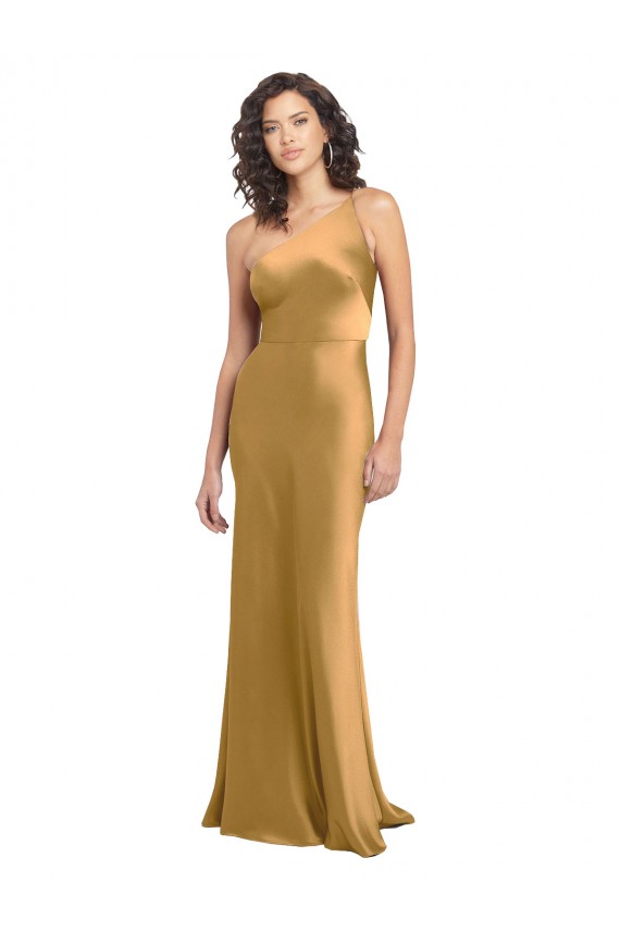 Sleeveless Gold A-Line Stretch Satin One Shoulder Formal Dress