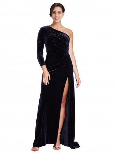 Affordable Long Sleeves Dark Navy A-Line One Shoulder Formal Dress Canada