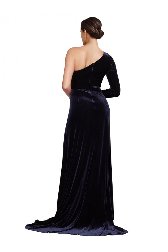 Long Sleeves Dark Navy A-Line One Shoulder Formal Dress