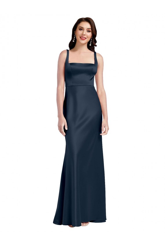 Sleeveless Dark Navy Low Back A-Line Square Neck Formal Dress