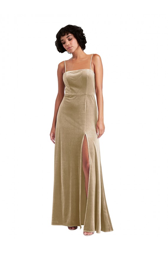 Sleeveless Champagne Low Back A-Line Square Neck Formal Dress