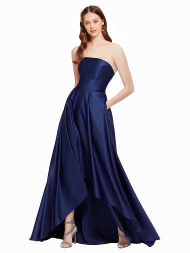 Affordable Sleeveless Dark Navy Low Back A-Line Strapless High Low Formal Dress Canada