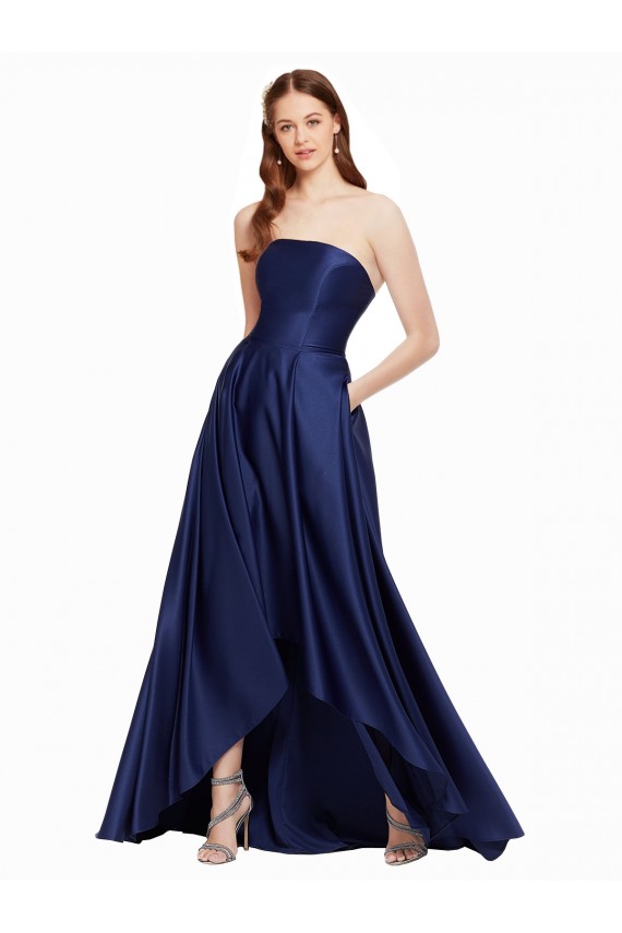 Sleeveless Dark Navy Low Back A-Line Strapless High Low Formal Dress