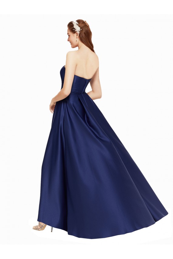 Sleeveless Dark Navy Low Back A-Line Strapless High Low Formal Dress
