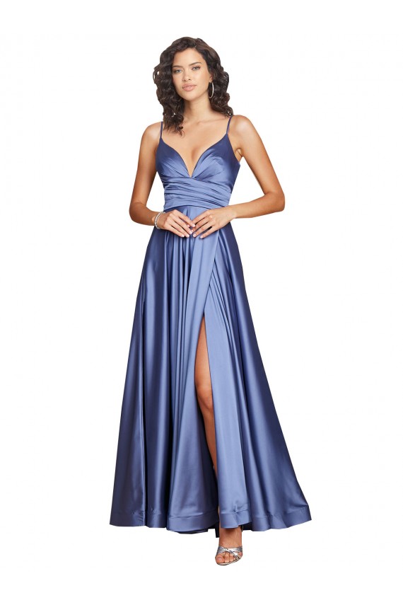Sleeveless French Blue Low Back A-Line Spaghetti Straps Black Tie Formal Dress