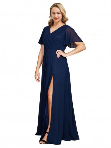 Affordable Short Flutter Sleeves Dark Navy A-Line V-Neck Formal Plus Size Formal Dress Canada