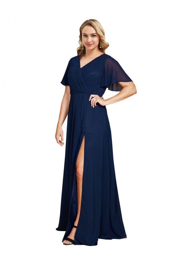 Short Flutter Sleeves Dark Navy A-Line V-Neck Formal Plus Size Formal Dress