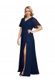 Short Flutter Sleeves Dark Navy A-Line V-Neck Formal Plus Size Formal Dress