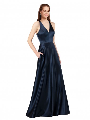 Affordable Sleeveless Dark Navy Keyhole Back A-Line V-Neck Formal Dress Canada