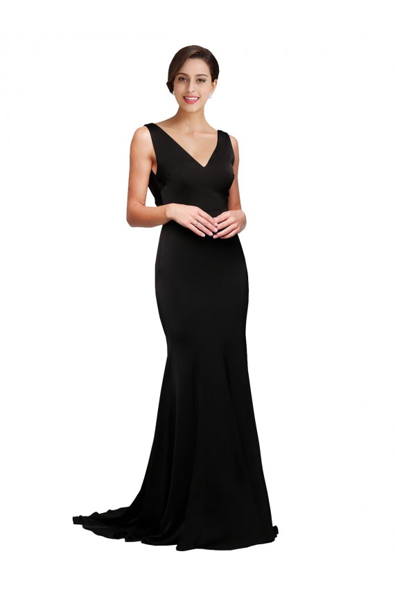 Sleeveless Black Low Back A-Line V-Neck Formal Dress