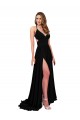 Sleeveless Black Open Back A-Line V-Neck Black Tie Formal Dress