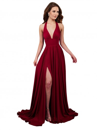 Affordable Sleeveless Burgundy Open Back A-Line Halter Neck Black Tie Formal Dress Canada