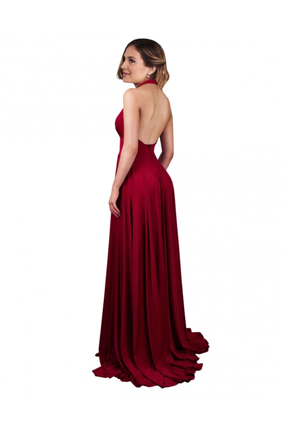 Sleeveless Burgundy Open Back A-Line Halter Neck Black Tie Formal Dress