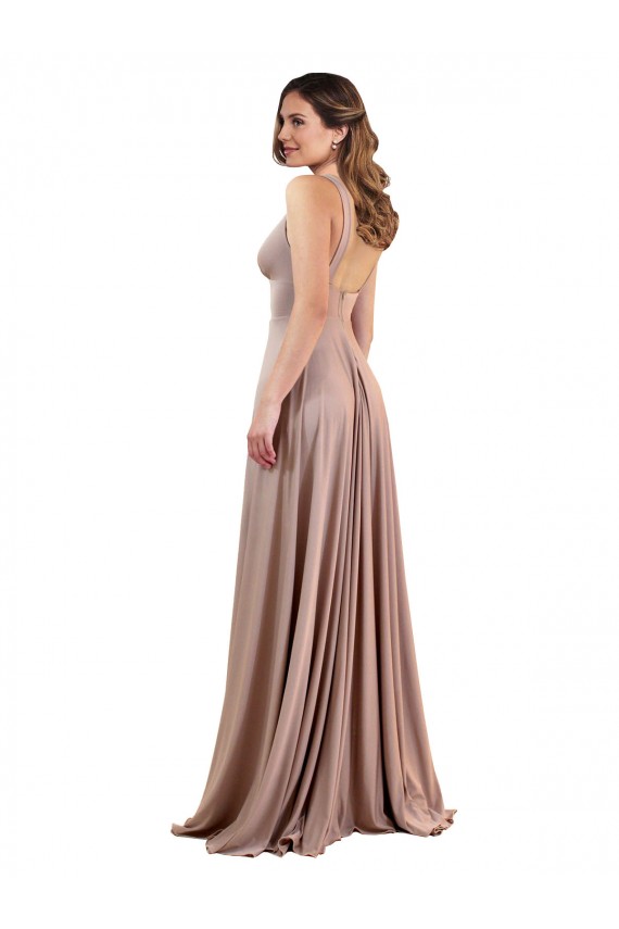 Sleeveless Dusty Pink Low Back A-Line V-Neck Black Tie Formal Dress