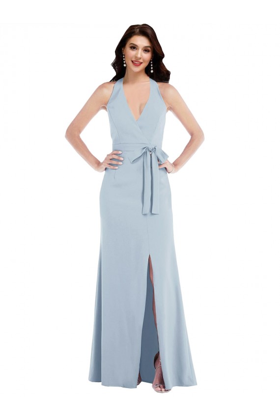 Sleeveless Light Sky Blue Open Back A-Line Halter Neck Formal Dress