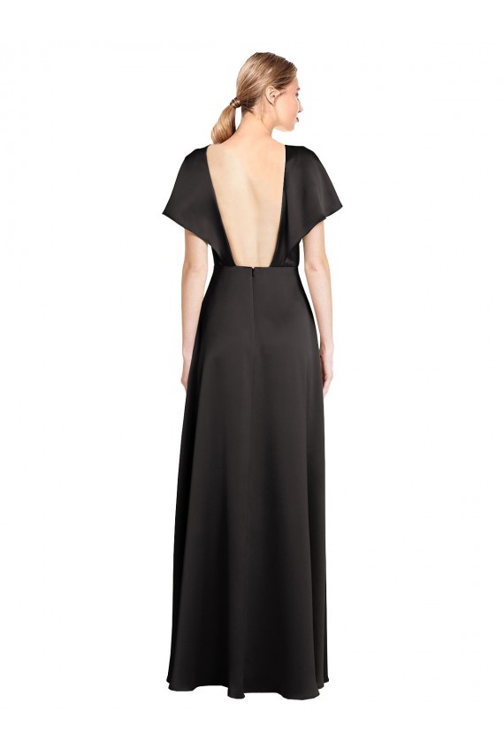Cap Sleeves Black Open Back A-Line V-Neck Formal Dress