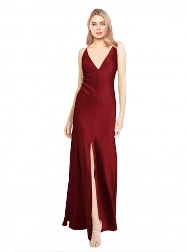Affordable Sleeveless Burgundy V-Back A-Line Stretch Satin V-Neck Black Tie Formal Dress Canada