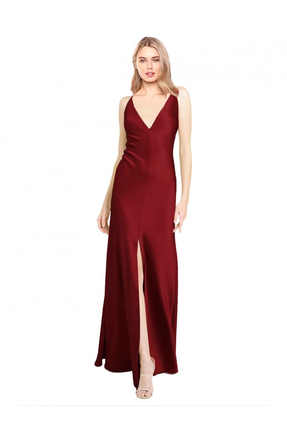 Sleeveless Burgundy V-Back A-Line Stretch Satin V-Neck Black Tie Formal Dress