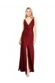 Sleeveless Burgundy V-Back A-Line Stretch Satin V-Neck Black Tie Formal Dress