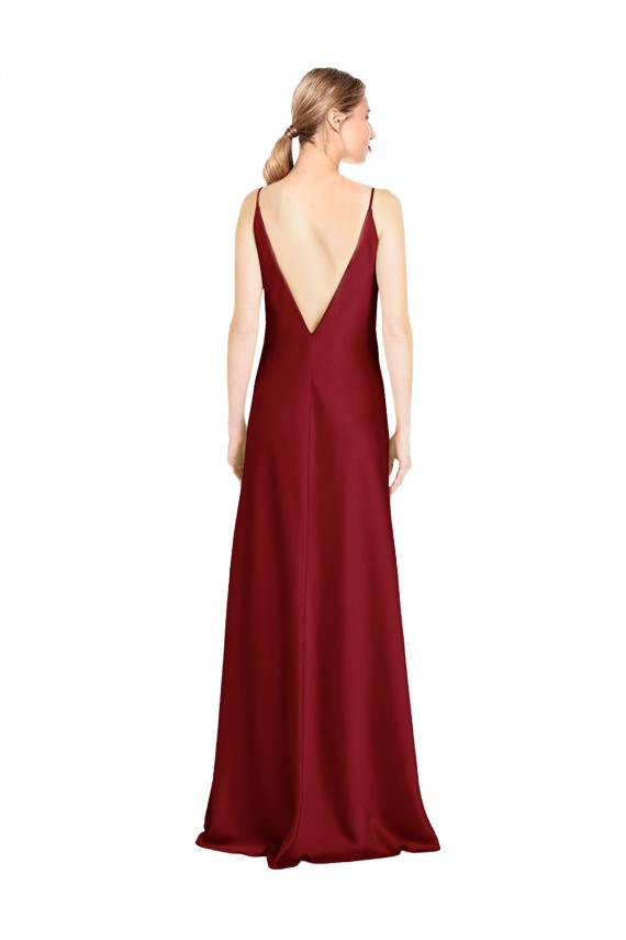 Sleeveless Burgundy V-Back A-Line Stretch Satin V-Neck Black Tie Formal Dress