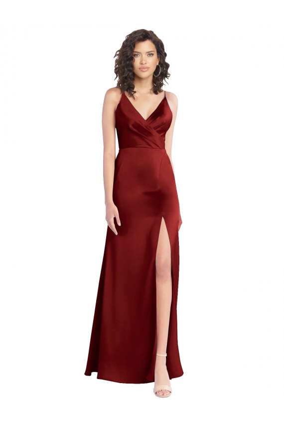 Sleeveless Burgundy V-Back A-Line Stretch Satin V-Neck Formal Dress