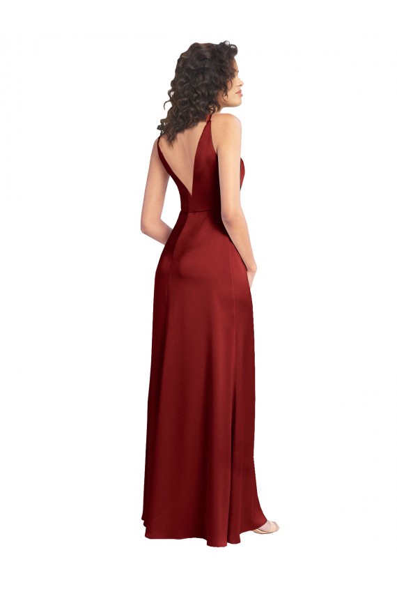 Sleeveless Burgundy V-Back A-Line Stretch Satin V-Neck Formal Dress