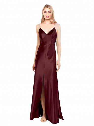 Affordable Sleeveless Burgundy Gold A-Line Stretch Satin Spaghetti Straps Formal Dress Canada